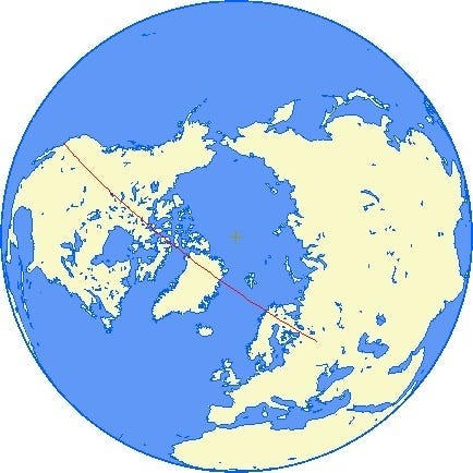 Map of globe from above north pole; straight line drawn from LA to Moscow