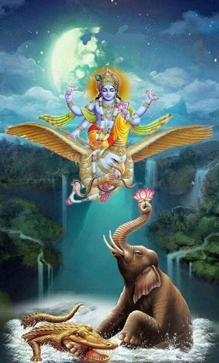 Lord Viṣṇu carried by Garuḍa-deva saving Gajendra