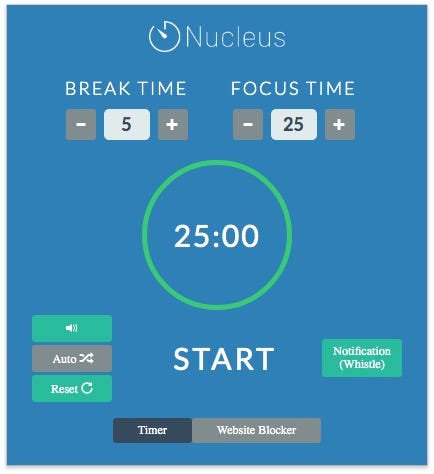 the Pomomoro timer interface of Nucleus