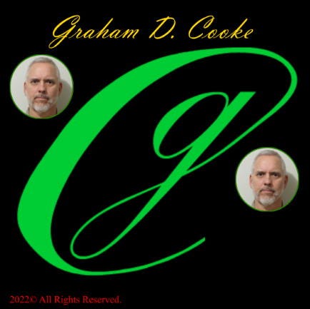 Author’s personal logo, green script shown on black background— small g surrounded by a capital C with his two face photos circling about, with his name in gold script at the top. 2022 Copyright indicated in small red Times Roman text at the bottom left corner.