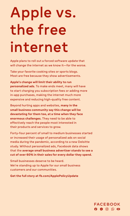Full page Facebook ad, “Apple V.S. the free internet.”