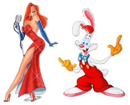 Side-by-side images from the film “Who Framed Roger Rabbit?” On the left: Jessica Rabbit, realistically drawn and sexy. On the right: Roger Rabbit, cartoonish and silly looking.