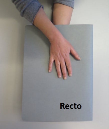 Two hands holding either side of a grey card folder. Text in bottom right reads ‘Recto’