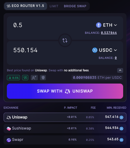 screenshot of Swapr swap box returning Eco Router search results and auto-selecting the best option.