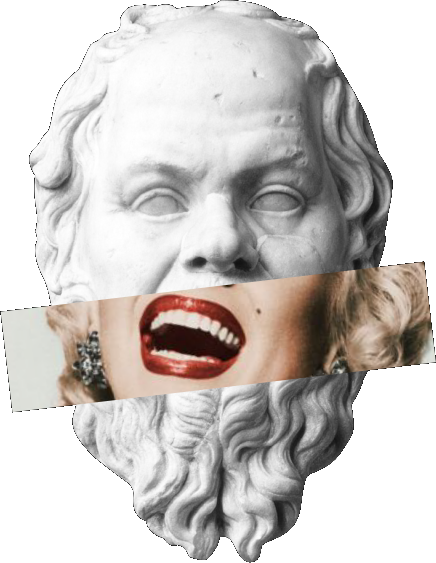 A socrates bust with a rectangular cutout of marilyn monroe’s mouth and hair superimposed