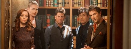 central cast of TNT and Hulu’s “The Librarians” gathered in doorway