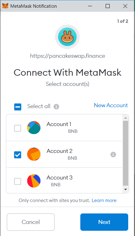Select your Metamask wallet to connect sites