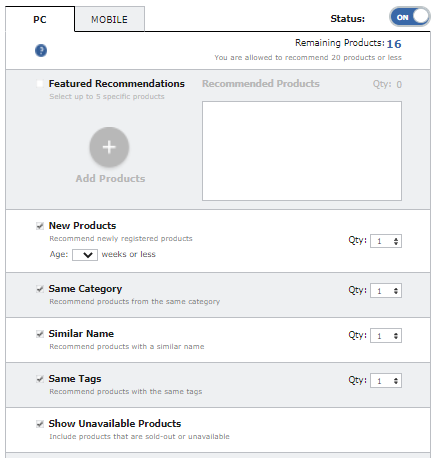 screencap of the settings for recommended products