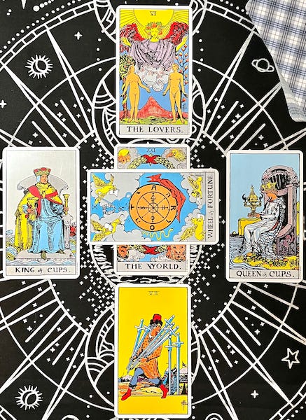Cross Spread featuring the World, The Wheel of Fortune, The Seven of Swords, The King of Cups, The queen of Cups and The lovers.