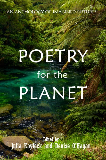Cover image of anthology shows a river with green shrubs and trees and a discarded bottle.