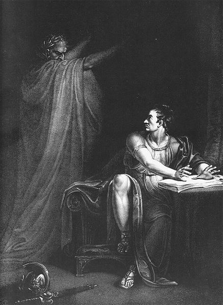 A black and white illustration of a Roman man (Brutus) sitting at a desk with a book. He has turned around to face the ghost of a man wearing long robes and a laurel wreath