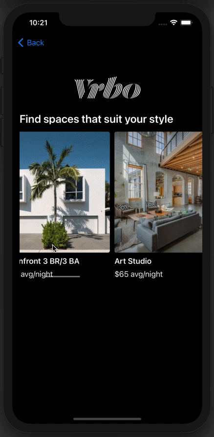 Animated gif scrolling through the collection view; showing different property cards