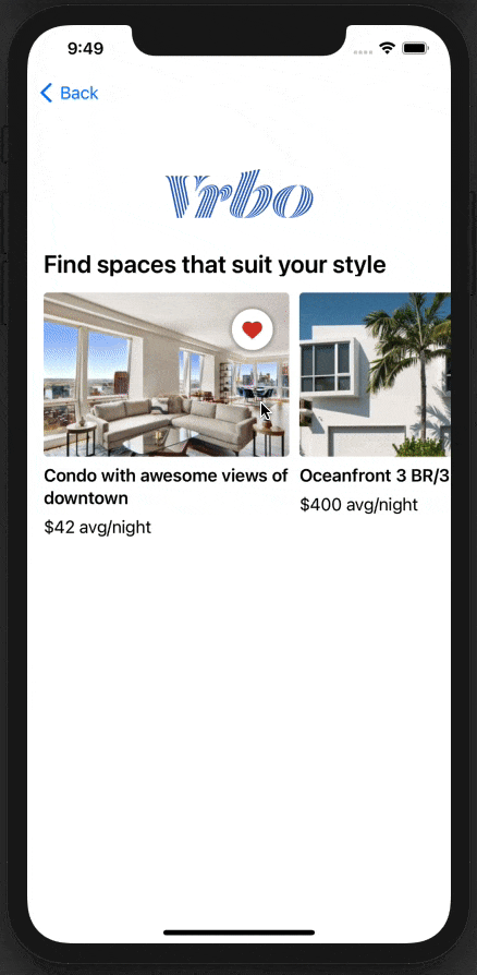 Animated gif showing the user scrolling through the collection view and “hearting” several properties. Now, when the user scrolls back through the collection view, the hearts are still “hearted”, which is what we would expect.