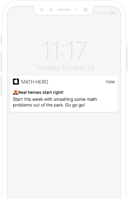 Screenshot showing a push notification sent to Math Hero users