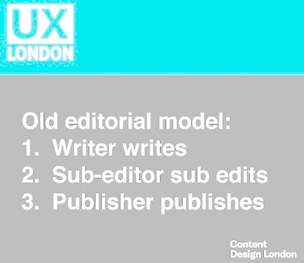 Bullet list outlining old editorial model of writer writes, sub-editor sub edits and publisher publishes.