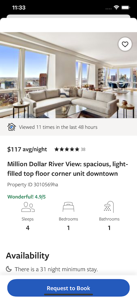 Screenshot of property details modal that shows the property image, description, availability and other information about the property.