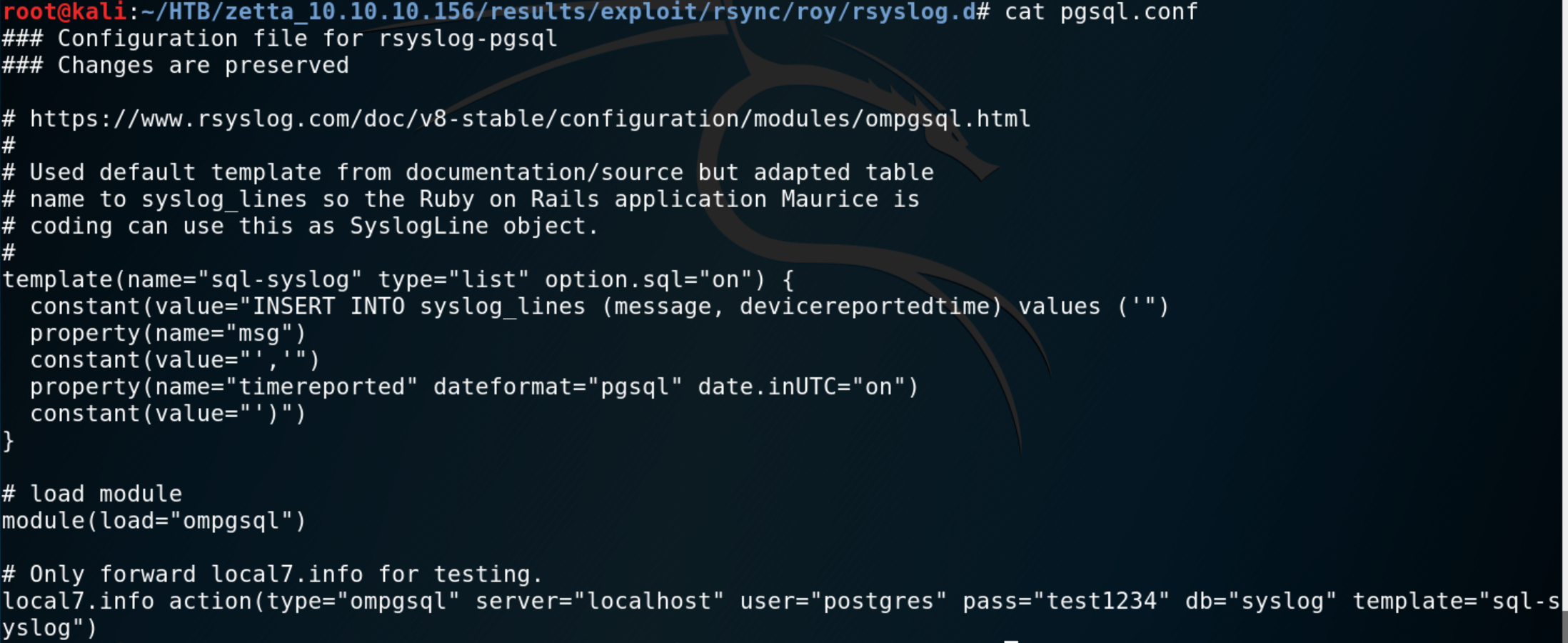 Found credentials in restored pgsql.conf file