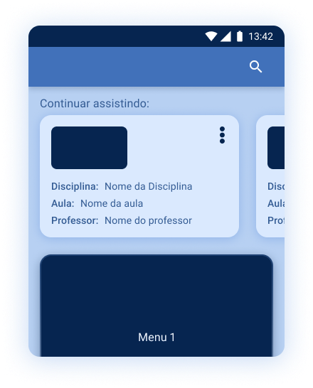 Funcionalidade de continuar assistindo implementada na parte superior da tela inicial do aplicativo sendo exibida em um wireframe com tonalidade azul.