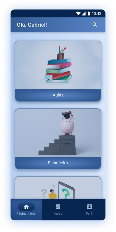 Captura de tela da tela inicial de um aplicativo de uma rede educacional, exibindo dois menus grandes em formato retangular: “Aulas” e “Financeiro”. A paleta de cores predominante no aplicativo é o azul.