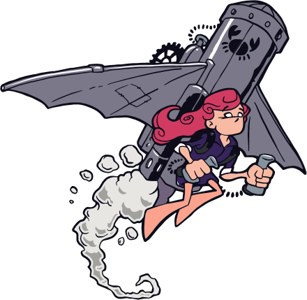 A red-haired cartoon person blasting off with a jetpack