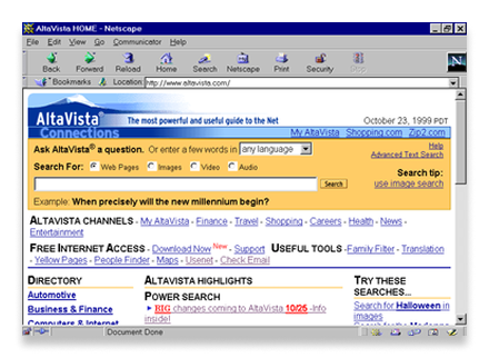 Screenshot of AltaVista search engine from 1999.