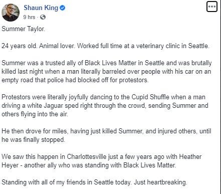 A screenshot of a Facebook post from Shaun King about the death of Summer Taylor.