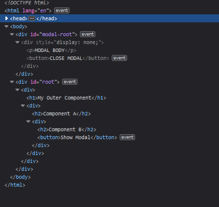 html elementlerinin portal kullandıktan sonraki render edilmiş hallerinin ekran görüntüsü
