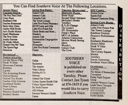 List of stores and businesses where the Southern Voice is available.