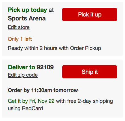 Screenshot of pick it up or ship it buttons from Target.com