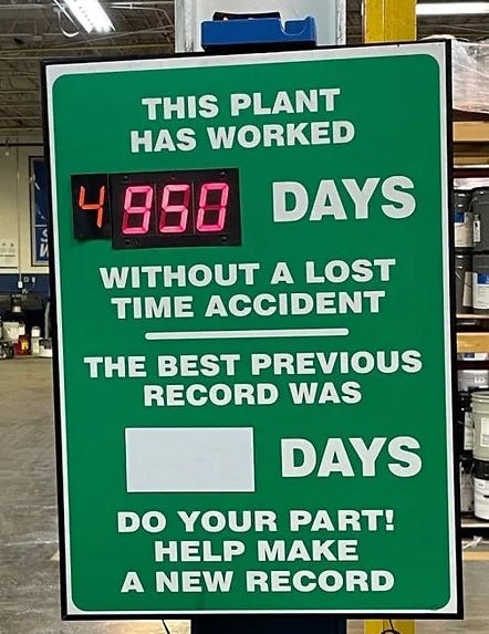 4950 days without a lost time accident sign in a factory