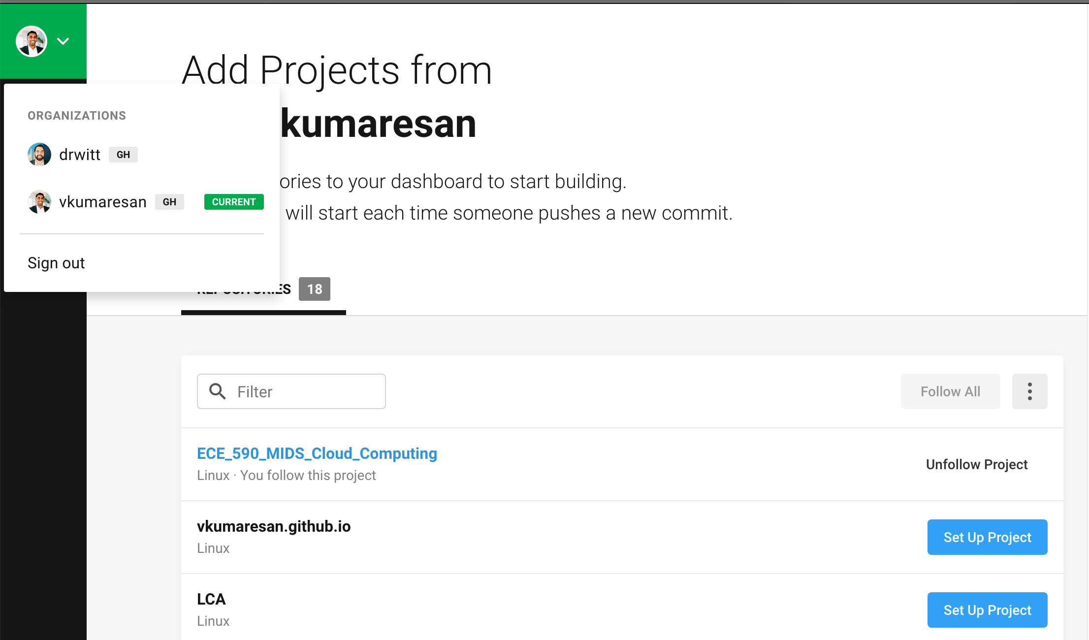 I’m logged in to my Github account (vkumaresan), but the project repository is hosted by drwitt.