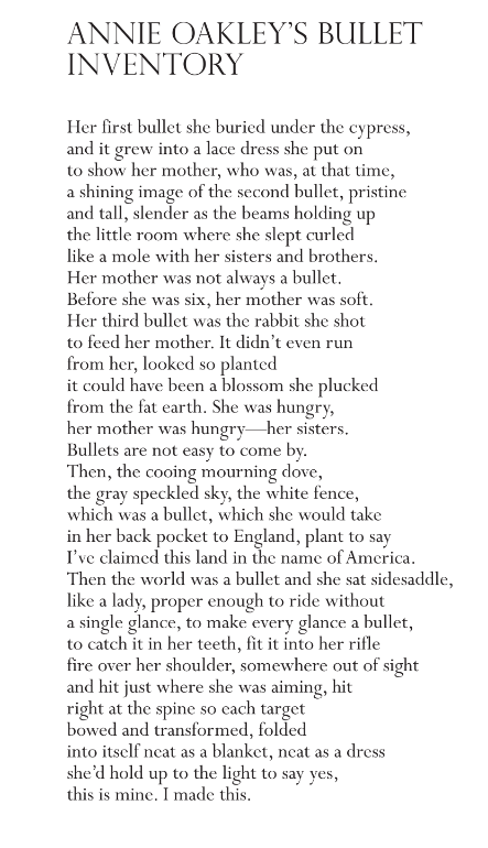 an image of the poem “Annie Oakley’s Bullet Inventory”