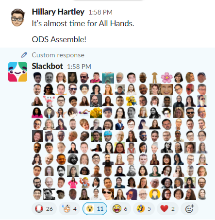 Screengrab of a message in virtual platform slack that shows a compilation of avatars of the ODS team.
