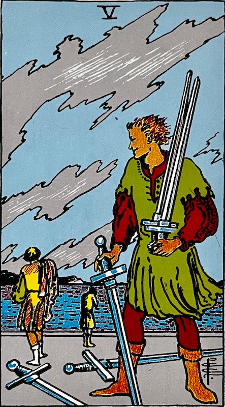 Five of Swords — A man in the foreground is holding all the swords and has most likely beaten someone. The smile on his face says that he’s enjoyed beating someone and seeing them lose. He’s a dishonorable person.