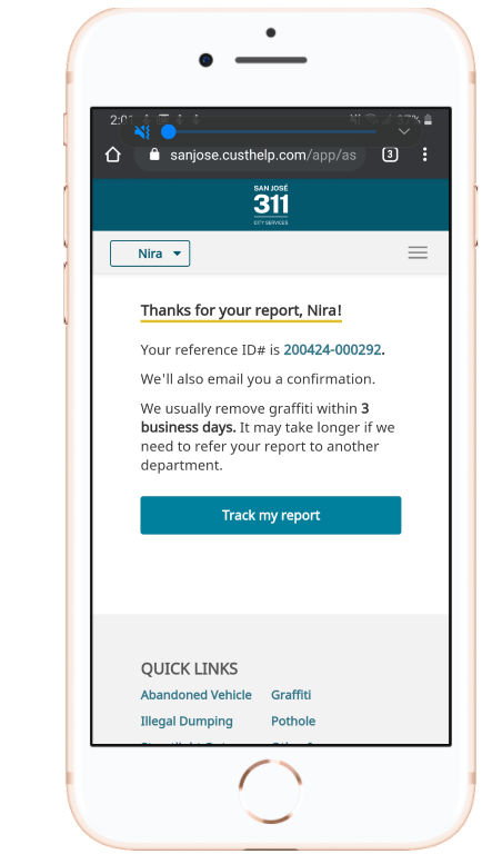 The new version of the app now displays a screen with clearer messaging after a resident submits a report.