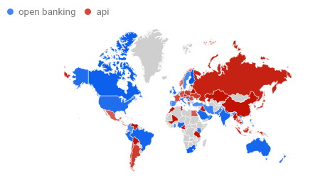 World map showing countries in red and blue colour as based upon the search results. blue for open banking and red for API