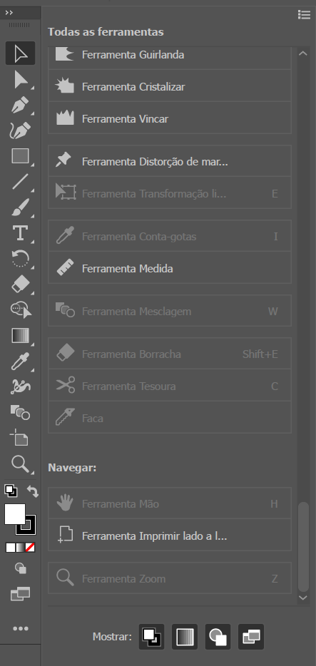 Barra de ferramentas da Illustrator, exibindo os ícones utilizados para cada funcionalidade