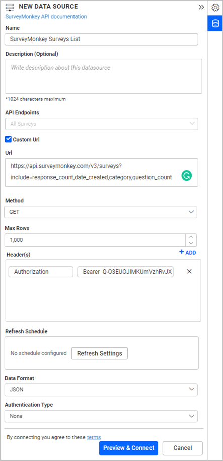 SurveyMonkey Data Source button in the configuration panel.