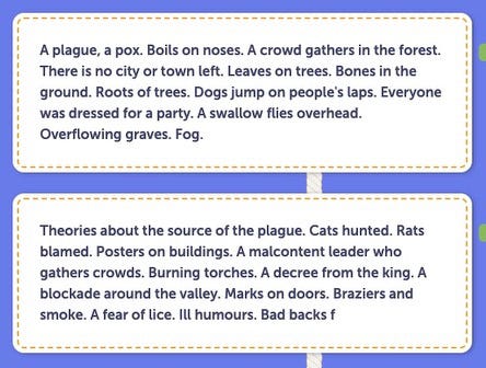 From a Frankenstories game, brainstorming about a plague: A plague, a pox. Boils on noses. A crowd gathers in the forest. There is no city or town left. Leaves on trees. Bones in the ground. Roots of trees. Dogs jump on people’s laps…