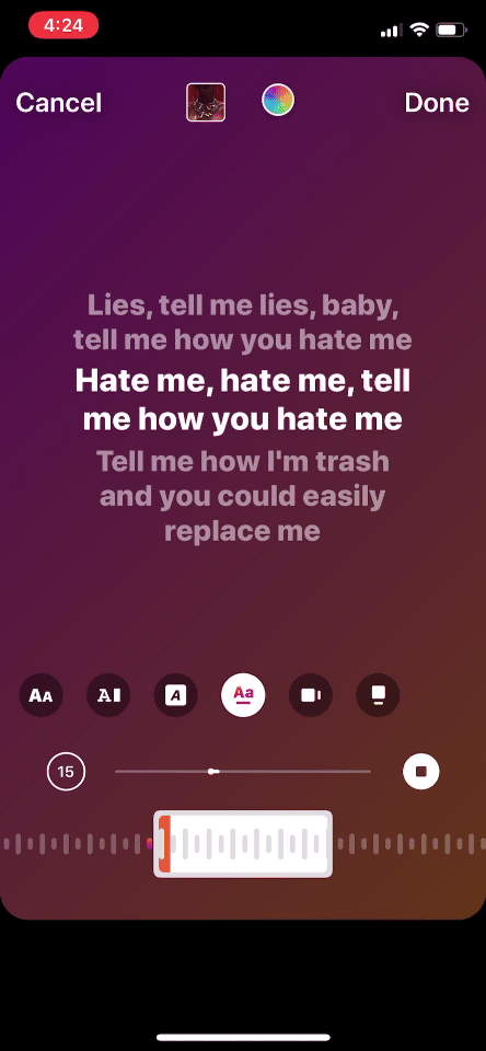 Synced lyrics screen capture from Instagram