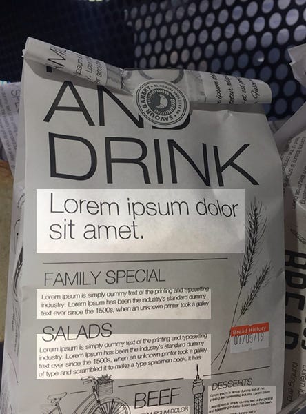 Lorem ipsum written all over a product package
