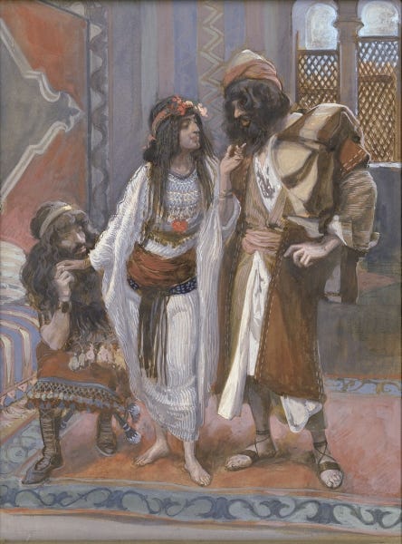 Painting depicting the story of Rahab from the Book of Joshua. ‘The Harlot of Jericho and the Two Spies’ was created in c.1902 by James Tissot in Symbolism style.