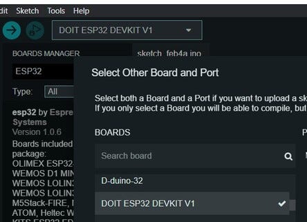 Pemilihan DOIT ESP32 DEVKIT V1 di Boards Manager