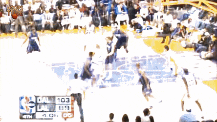 A Gif of Kobe Bryant shooting a left-handed three-pointer against the Dallas Mavericks and Mark Cuban stands up to clap