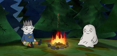 Two animated characters during a nighttime camping scene, one a smiling ghost with a friendly expression seated next to a campfire, the other a cheerful young prince with a crown, seated on a log. The backdrop features a dark forest with tall pine trees under a starry sky.