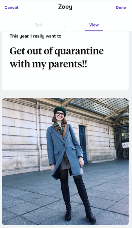 Zoey Lacey-Gotz’s Hinge profile where she makes a joke about wanting to get out of quarantine with her parents.