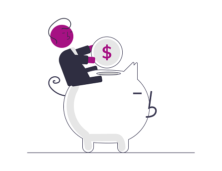 Ilustração que mostra um homem em cima de um cofre de porquinho colocando uma moeda