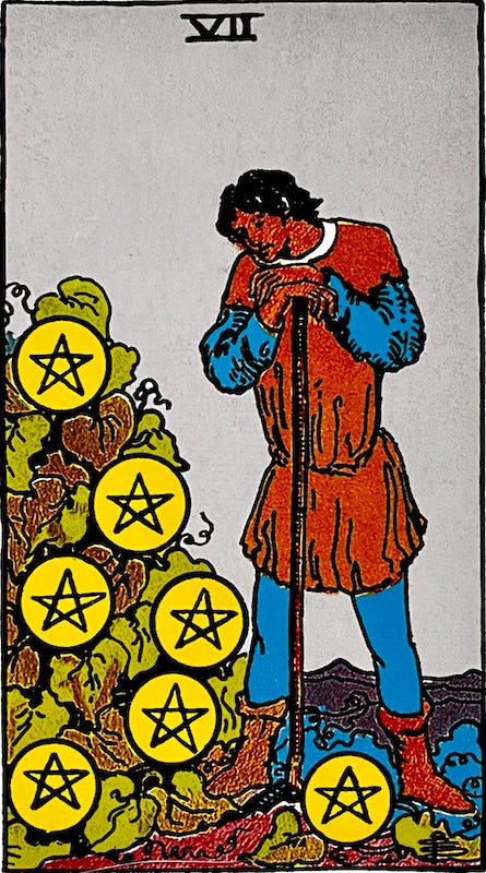 Seven of Pentacles — A man in his garden. He has stopped his work to admire something he has grown. A plant he has tended for a while now. Perhaps he planted this last spring, and now it’s almost ready to be harvested.