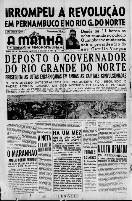 Jornal “A Manhã” com as manchetes “Irrompeu a revolução em Pernambuco e no Rio G. do Norte” e “Deposto o governador do Rio Grande do Norte”.